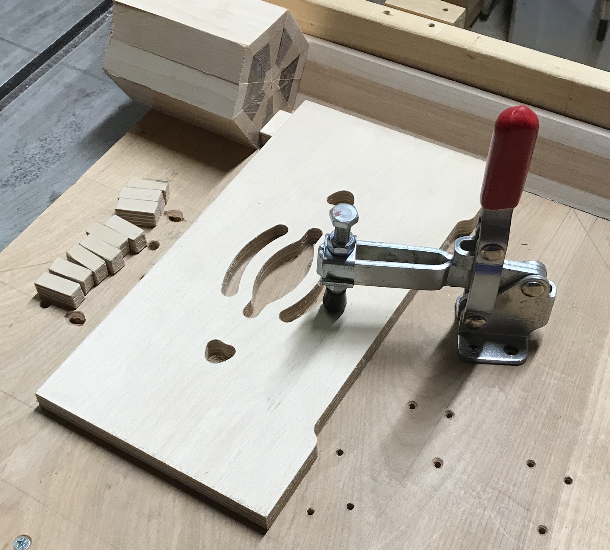 The crosscut sled set up for slicing the coasters from the blank.